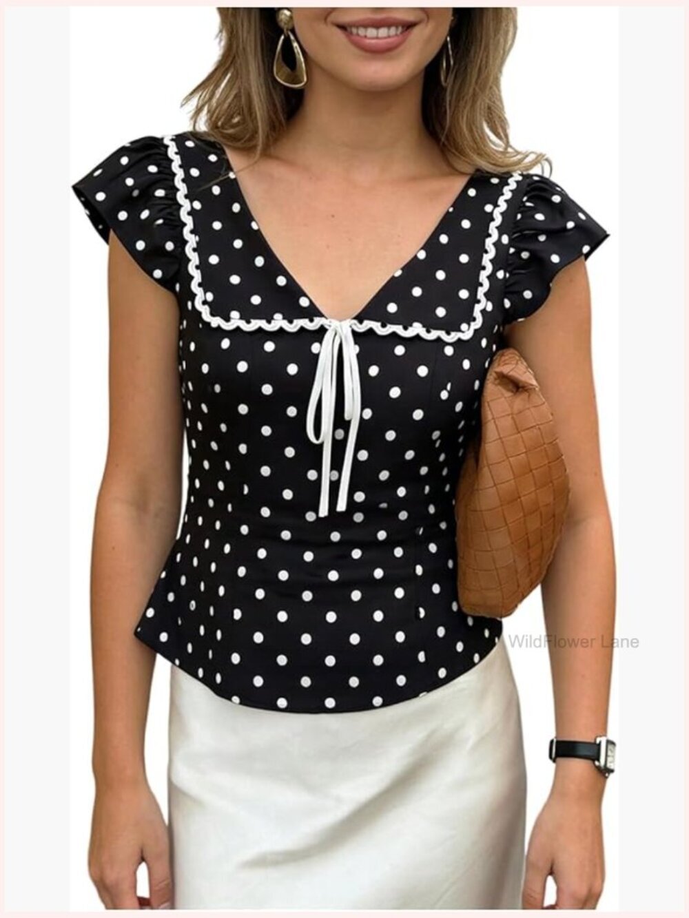 Women's Polka Dot V-Neck Blouse Ruffle Cap Sleeve Bow Tie Top Summer